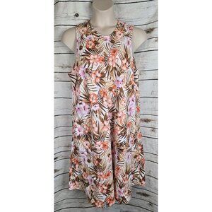 Lands End Tropical Floral 100% Linen Dress 1X Womens Lagenlook Sleeveless Midi
